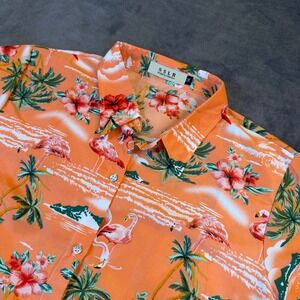 SSLR Tropical Flamingo Button Up Shirt Women Medium Orange Hawaiian Short Sleeve